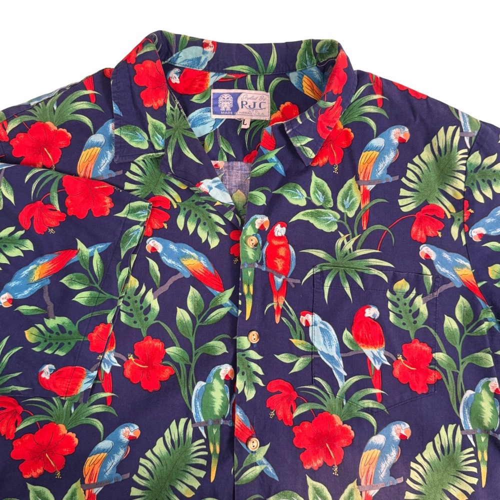 RJC Hawaiian Shirt Vintage Mens L Parrot Hibiscus Tropical Cotton Aloha Vibrant